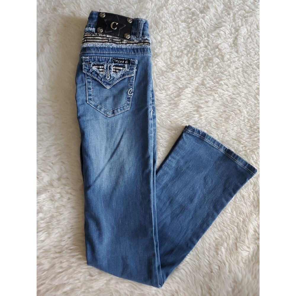Miss C Women's Skinny Jeans Size 24x30 Blue Mid Rise Flap Pockets Stretch Sequin